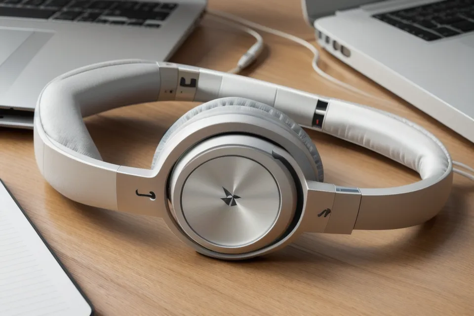 Binaurale Beats im Vergleichstest: Studio-Kopfhörer neben Laptop mit Audio-Wellenform
