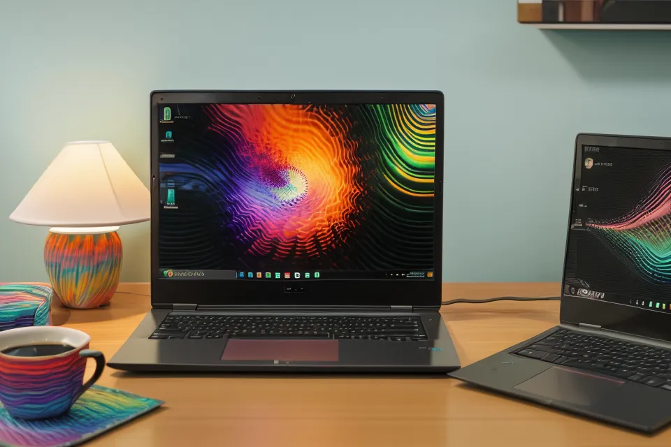 Laptop-Bildschirm mit Audio-Software und Wellenmustern – Testaufbau für binaurale Beats im Homeoffice.