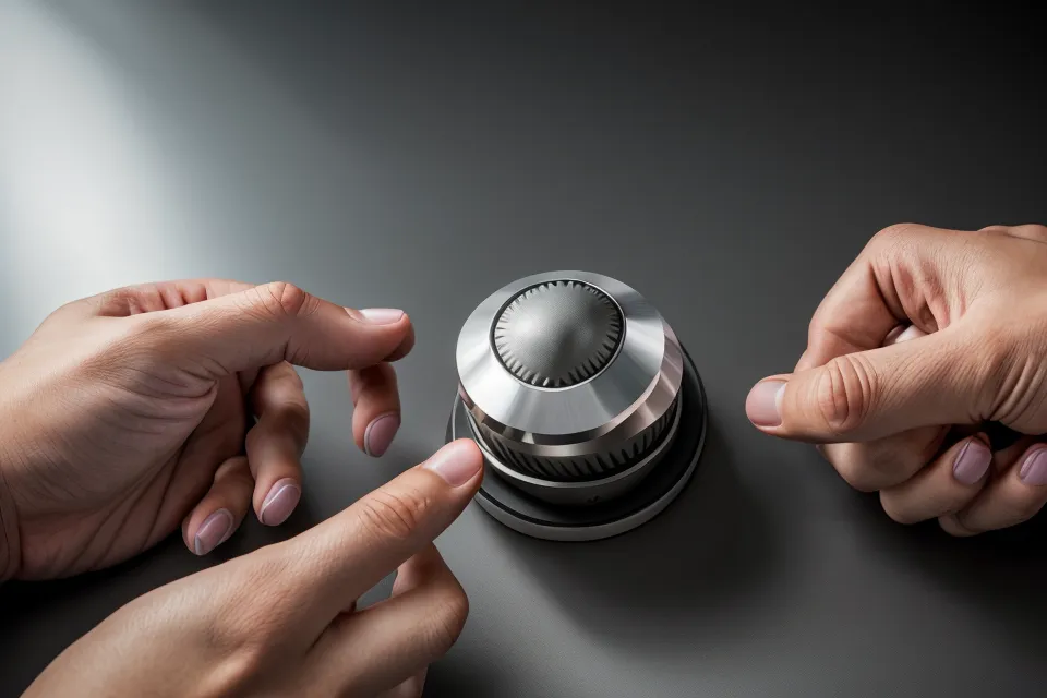 Hand am Lautstärkeregler eines Audio-Interfaces – niedrige Lautstärke bei Hochsensibilität und Reizüberflutung.