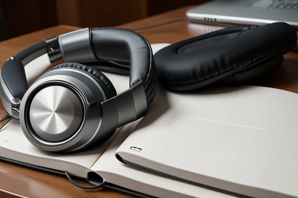 Nahaufnahme: Noise-Cancelling-Kopfhörer wird am Schreibtisch für binaurale Beats justiert
