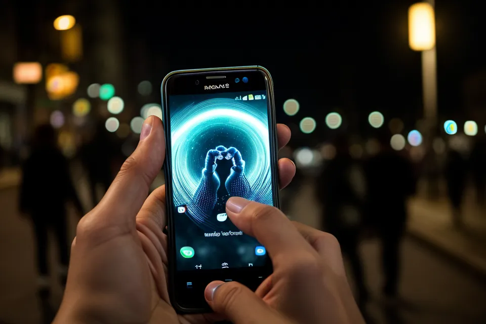 Smartphone mit einer Audio-App für Frequenzen vor einem unscharfen Stadthintergrund.
