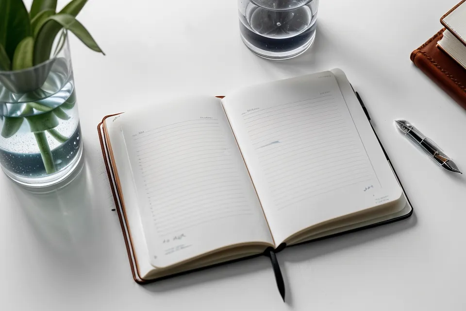 Ein Glas Wasser und ein Notizbuch stehen ordentlich auf einem minimalistischen Arbeitstisch.