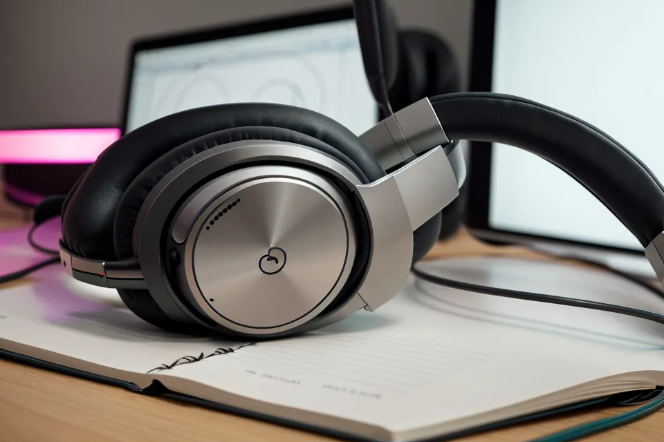 Binaurale Beats und Subliminals gleichzeitig hören – Kopfhörer bereit für die Audio-Hacking-Session am Schreibtisch
