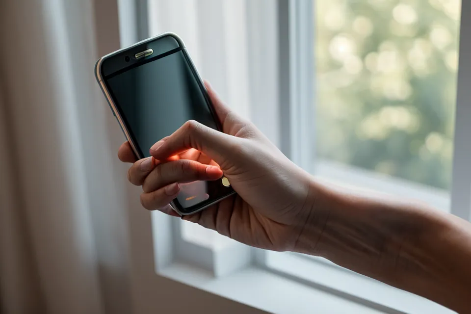 Smartphone mit Alpha-Wellen App in der Hand während einer binauralen Beats Session gegen Tinnitus