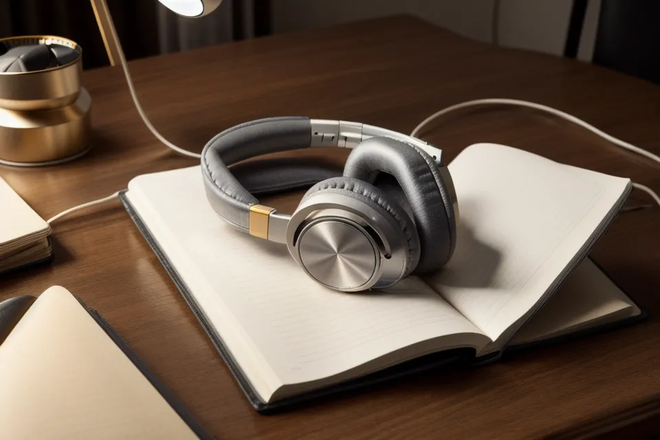 Hochwertige Kopfhörer für binaurale Beats in Nahaufnahme auf einem Holztisch
