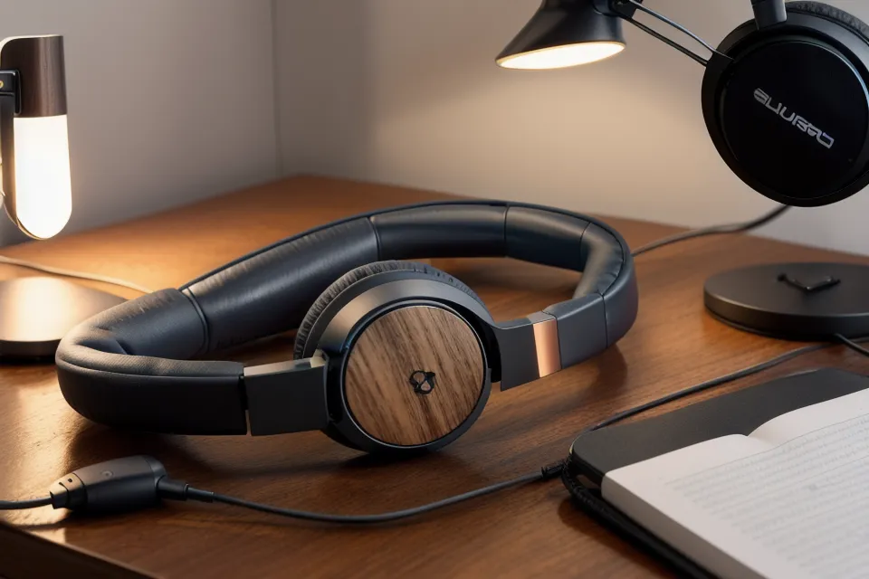 DMH Beats App auf dem Smartphone neben Over-Ear-Kopfhörern auf dem Schreibtisch im Home-Office