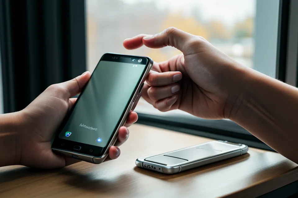 Die DMH Beats App auf einem Smartphone vor einem Schreibtisch-Hintergrund.
