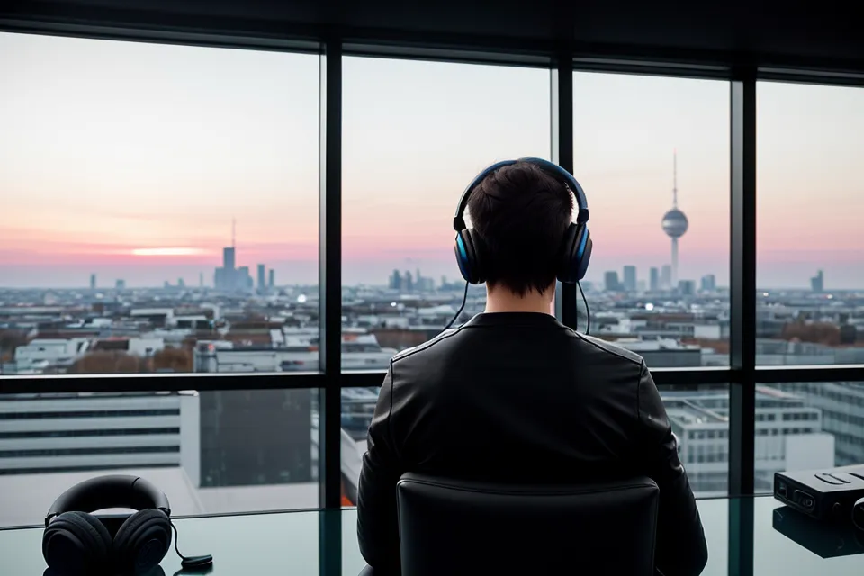 Ein Mann mit Kopfhörern arbeitet fokussiert am Computer in Berlin.