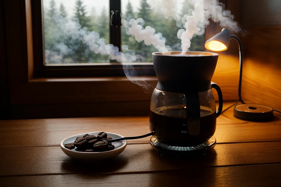 Kaffee und Kopfhörer auf einem Tisch während einer Fokus-Session.