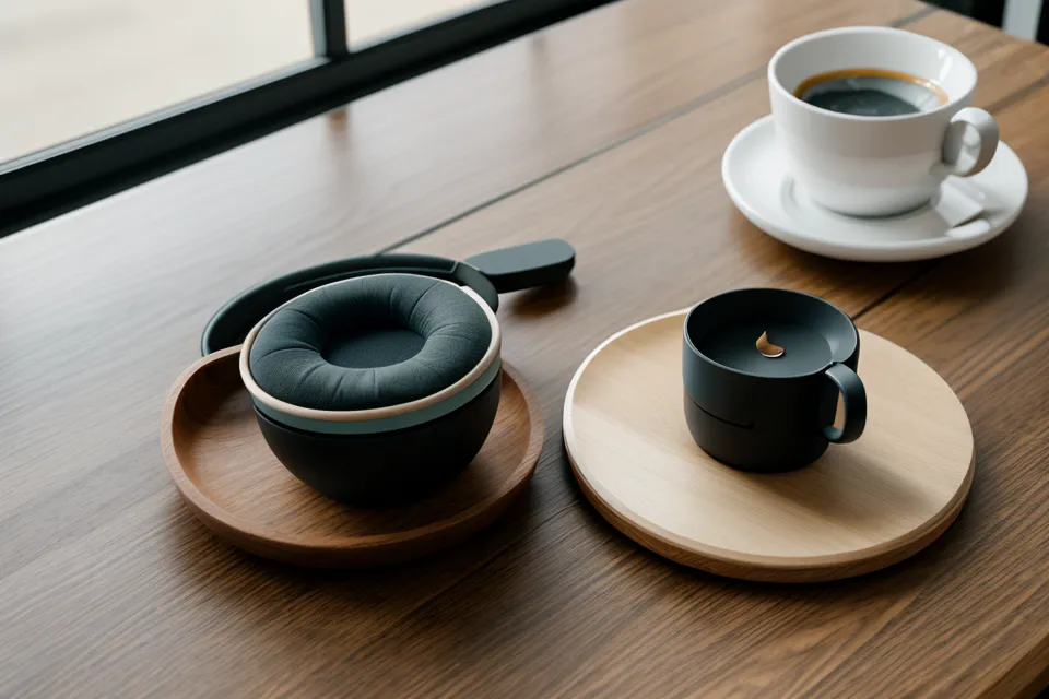 Die DMH Beats App auf einem Smartphone neben Kopfhörern und Kaffee.