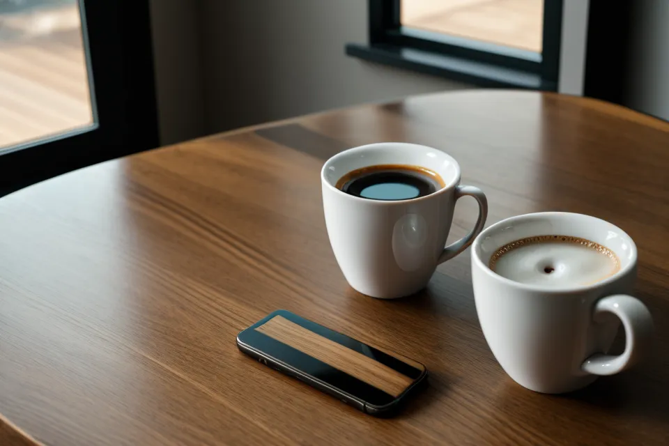 Smartphone mit einer Audio-App und Kopfhörer auf einem Schreibtisch neben einer Kaffeetasse.