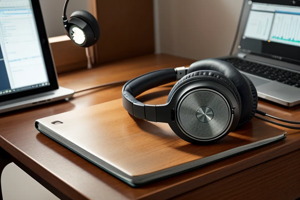 Nahaufnahme von Studio-Kopfhörern auf einem Holztisch beim binaurale-Beats-Test