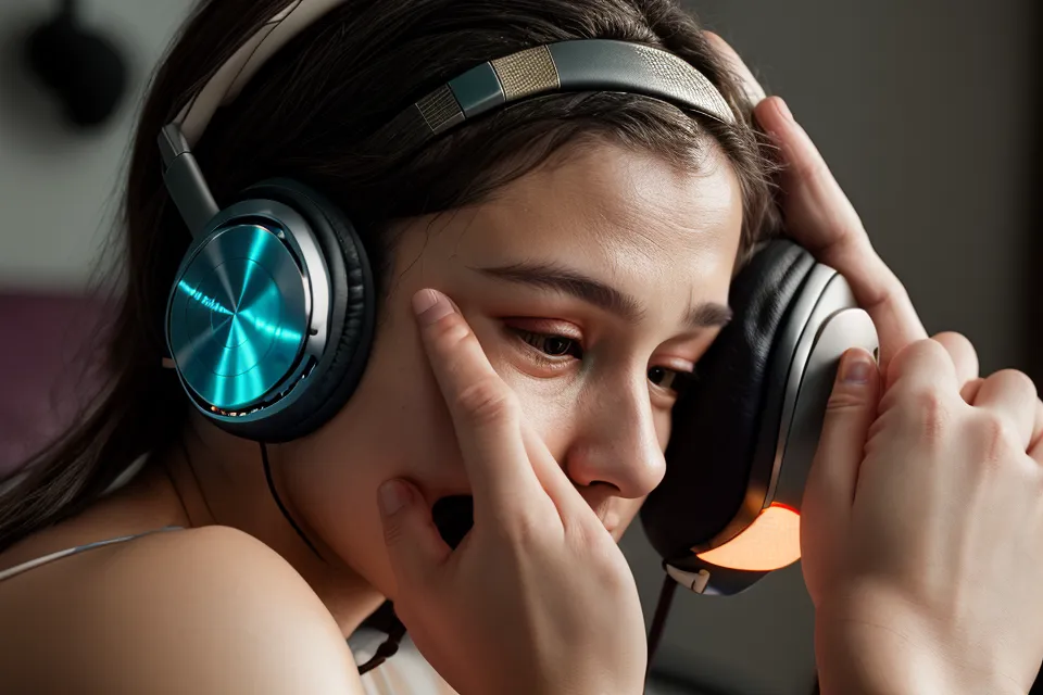 Nahaufnahme von Händen, die große Over-Ear-Kopfhörer für eine Audio-Session justieren.