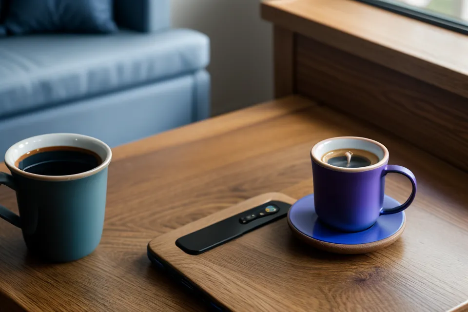 Smartphone mit einer Frequenz-App auf einem Holztisch neben einer Kaffeetasse.