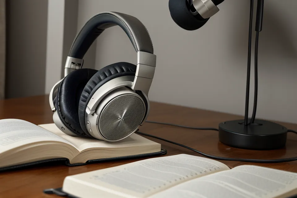 Nahaufnahme eines Notizbuchs mit handschriftlichen Notizen zu Audio-Sessions und In-Ear Kopfhörern.