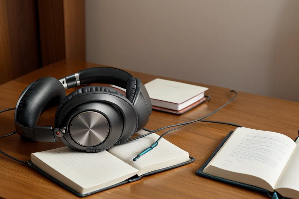 Nahaufnahme von Kopfhörern für binaurale Beats mit unscharfem Laptop im Homeoffice-Fokus-Setup.