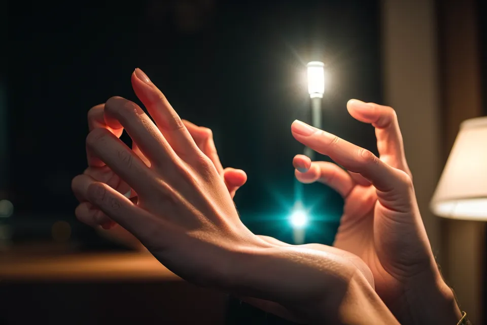 Hand bedient eine Audio-App mit Wellenform auf einem Smartphone bei Nacht.