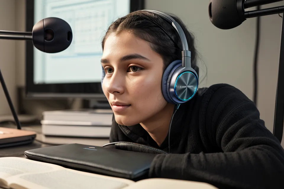 Person im Homeoffice trägt Kopfhörer während einer Rife-Frequenz-Session.