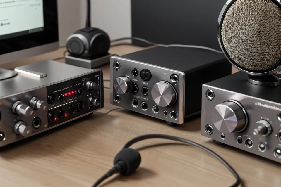 Audio-Interface und Kopfhörer beim Rife-Frequenzen Vergleichstest auf dem Schreibtisch