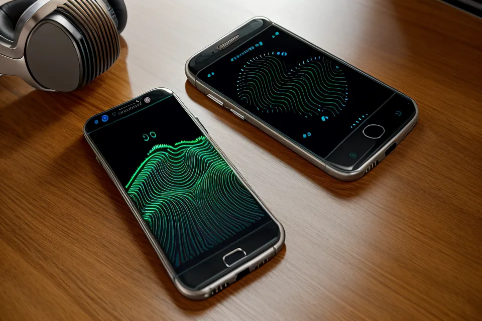 Smartphone mit Wellenform-Anzeige beim Vergleich von Rife-Frequenzen und Binaurale-Beats-Apps