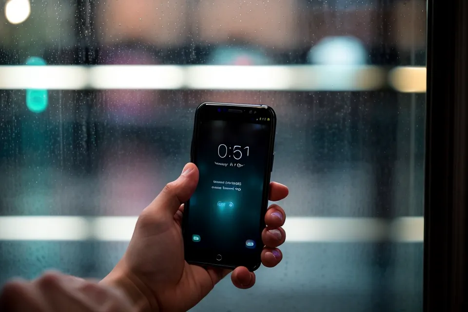 Nahaufnahme einer Smartphone-App mit Audio-Frequenzen vor einem verregneten Fenster.
