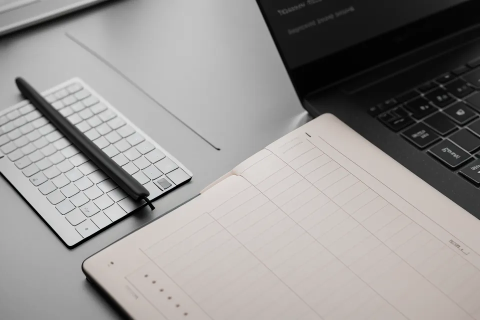 Handgeschriebene Notizen zu Frequenztests neben einer Laptop-Tastatur.